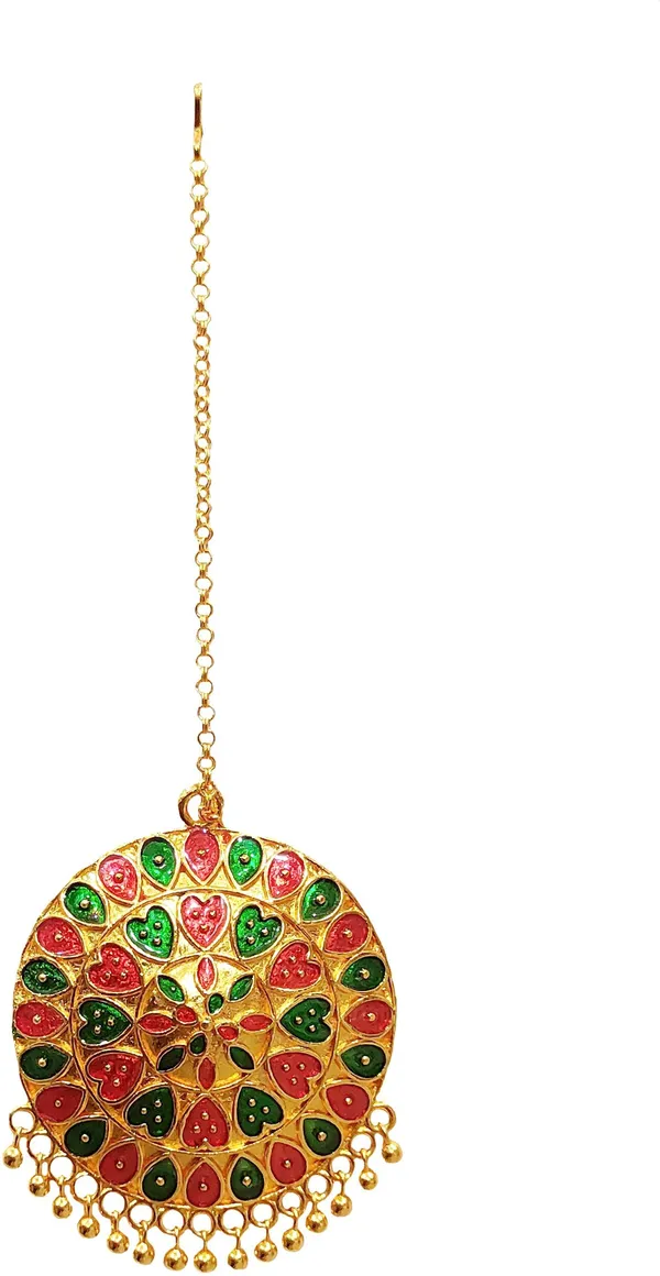 Assamese_Traditional_Copper_Gold_Plated_Red_Green_Colour_Maang_Tikka_For_Women